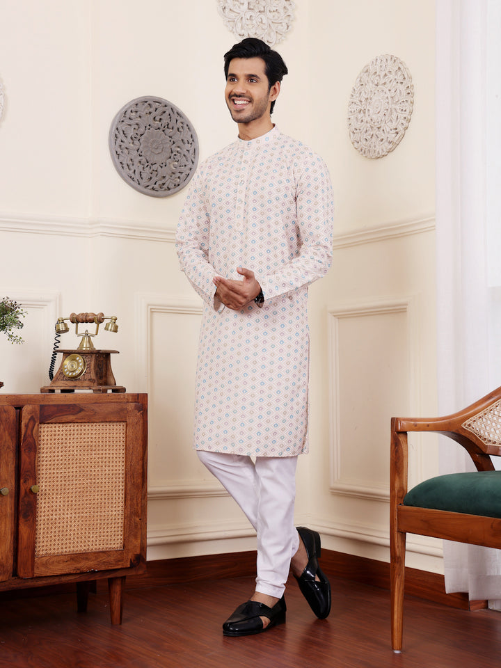 Embroidered Kurta Pajama Set | Traditional Cream Kurta for Men