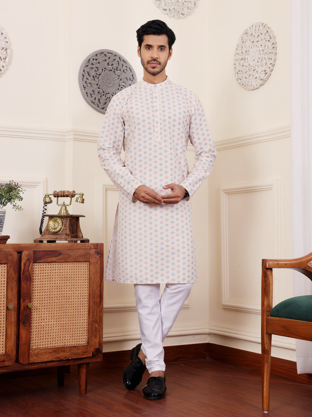 Embroidered Kurta Pajama Set | Traditional Cream Kurta for Men