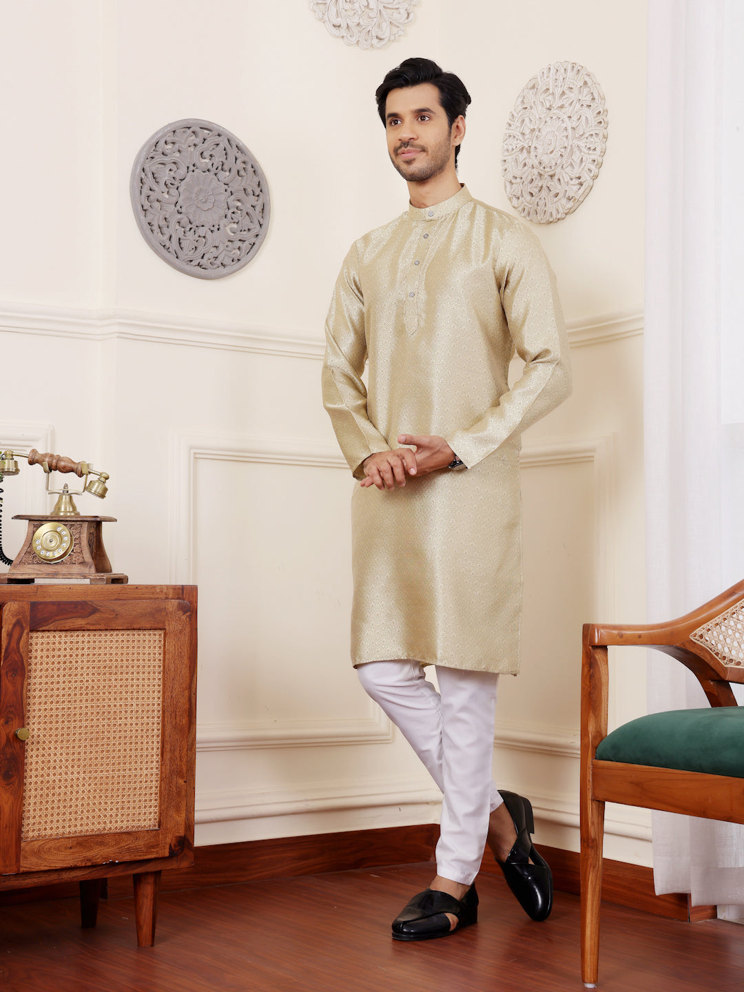 Men's Kurta Pajama Set | Beige Cream Kurta with Wevon Jacquard Work