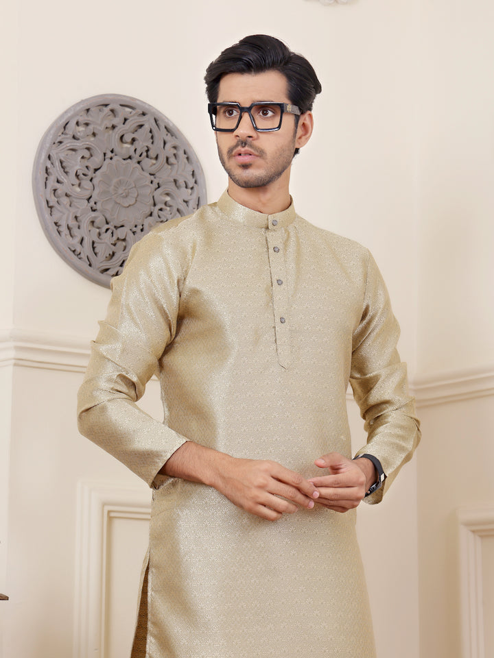 Men's Kurta Pajama Set | Beige Cream Kurta with Wevon Jacquard Work