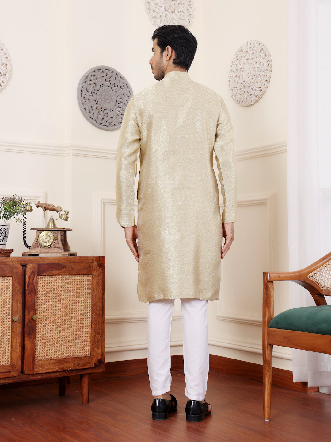 Men's Kurta Pajama Set | Beige Cream Kurta with Wevon Jacquard Work