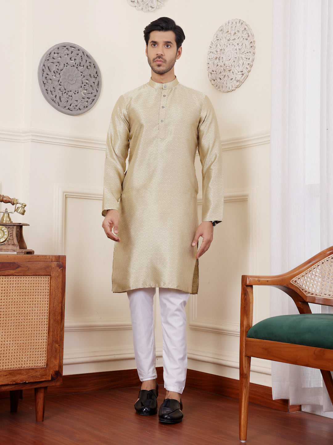 Men's Kurta Pajama Set | Beige Cream Kurta with Wevon Jacquard Work