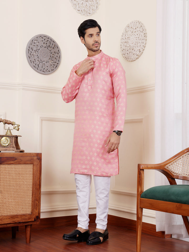 Traditional Men's Kurta Set | Light Pink Cream with Jacquard Design