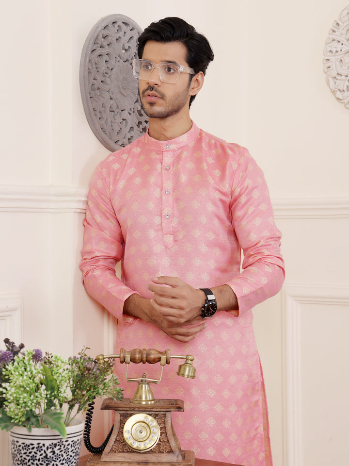 Traditional Men's Kurta Set | Light Pink Cream with Jacquard Design