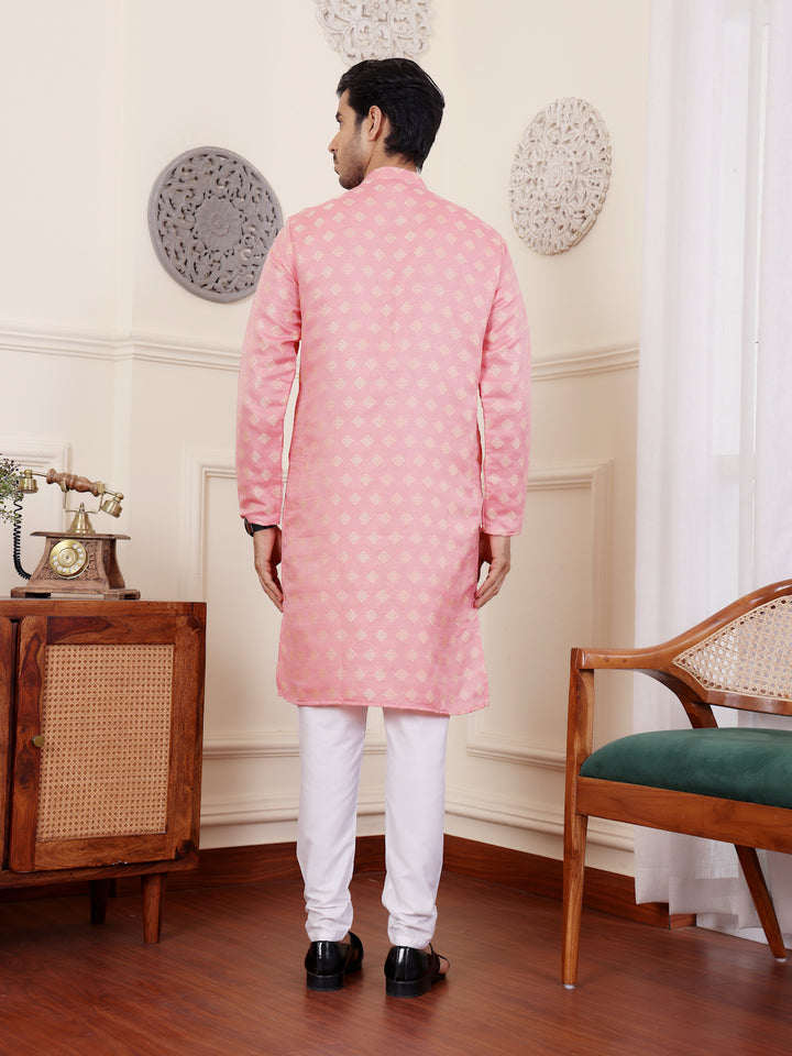 Traditional Men's Kurta Set | Light Pink Cream with Jacquard Design