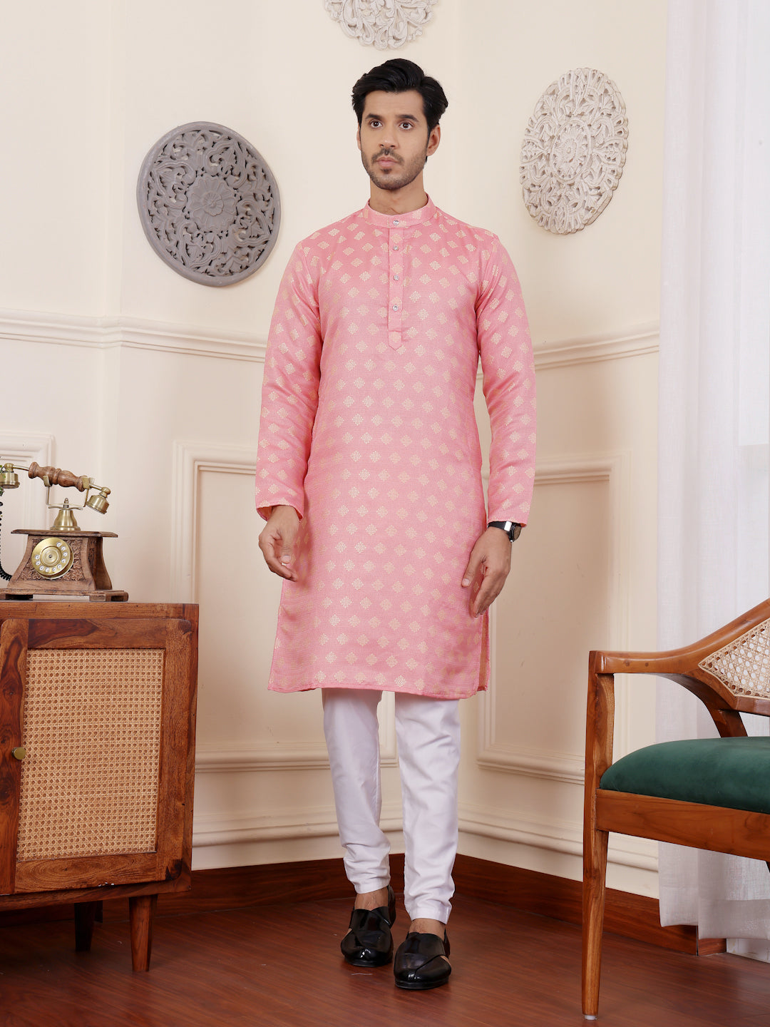 Traditional Men's Kurta Set | Light Pink Cream with Jacquard Design