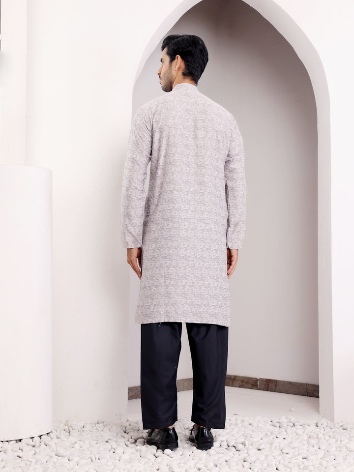 Elegant Grey Kurta for Men | Viscose with Wevon Jacquard Designer Work