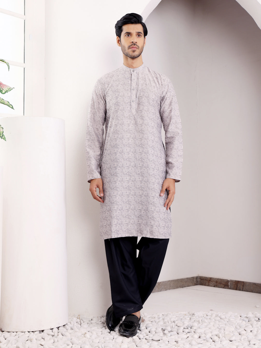 Elegant Grey Kurta for Men | Viscose with Wevon Jacquard Designer Work