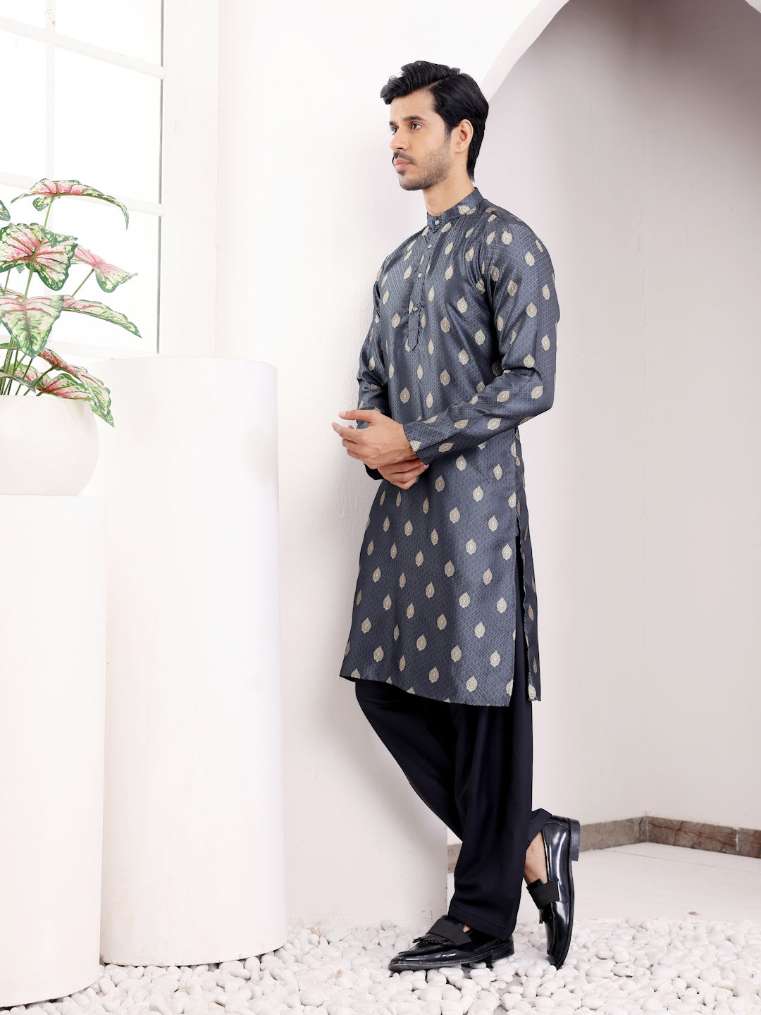 Stylish Navy Blue Kurta | Viscose with Wevon Jacquard Designer Embroidery