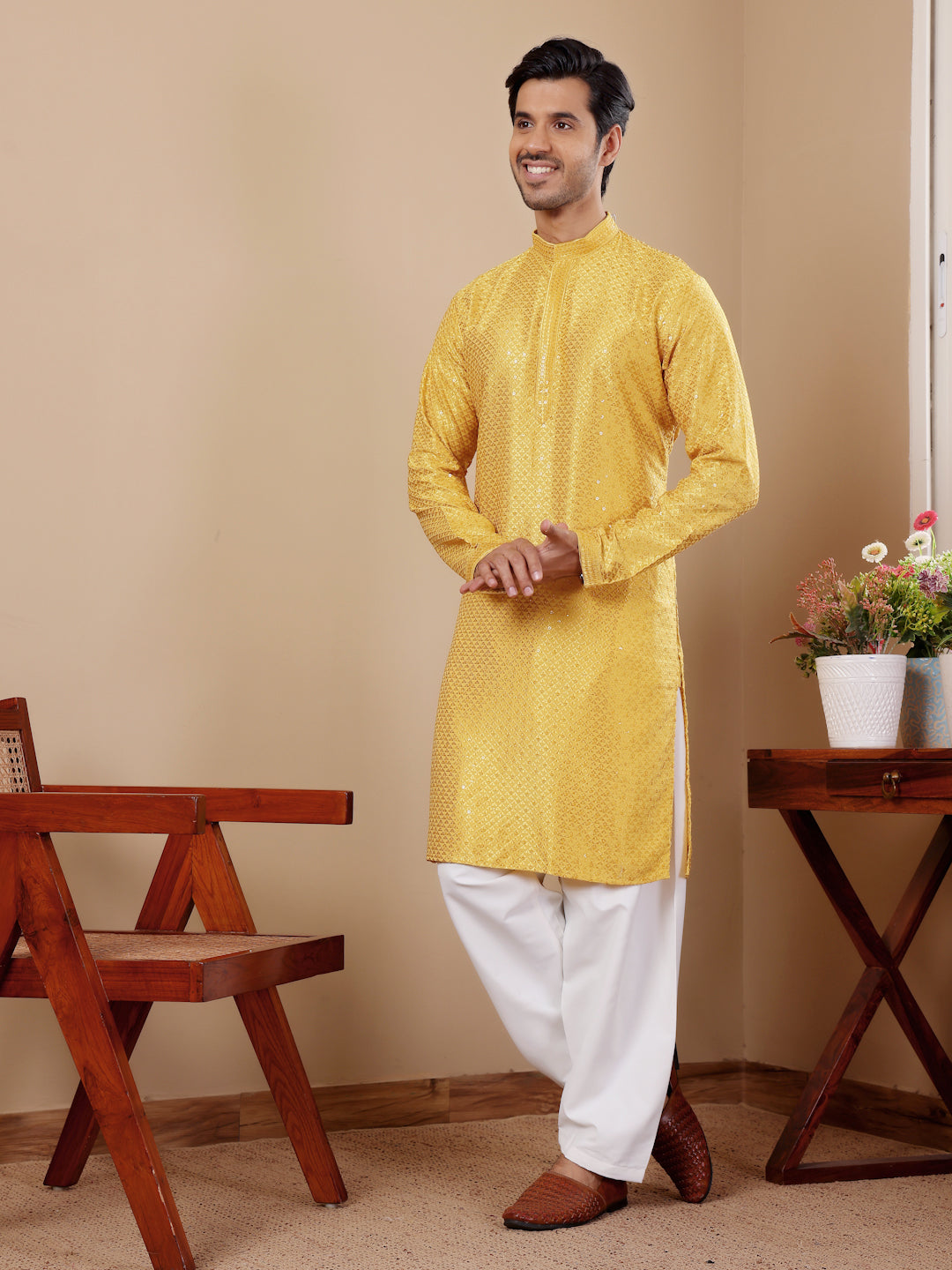 Designer Kurta Pajama | Viscose Fabric with Art Silk Bottom and Chikankari Embroidery