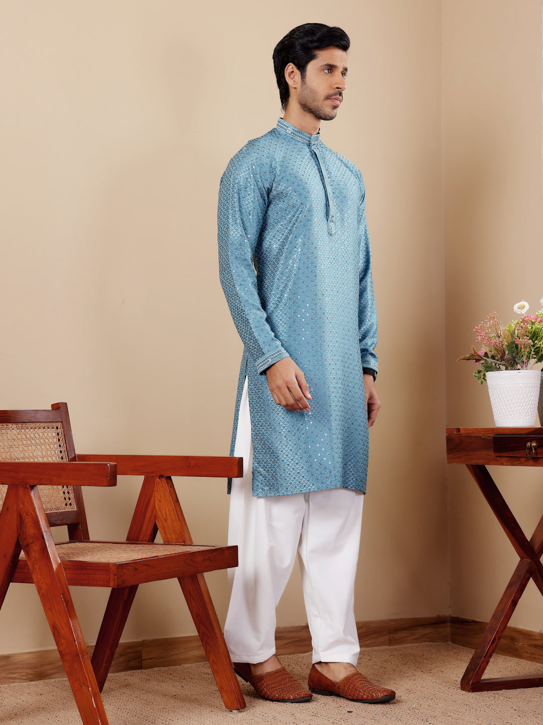 Designer Kurta Pajama | Viscose Fabric with Art Silk Bottom and Chikankari Embroidery