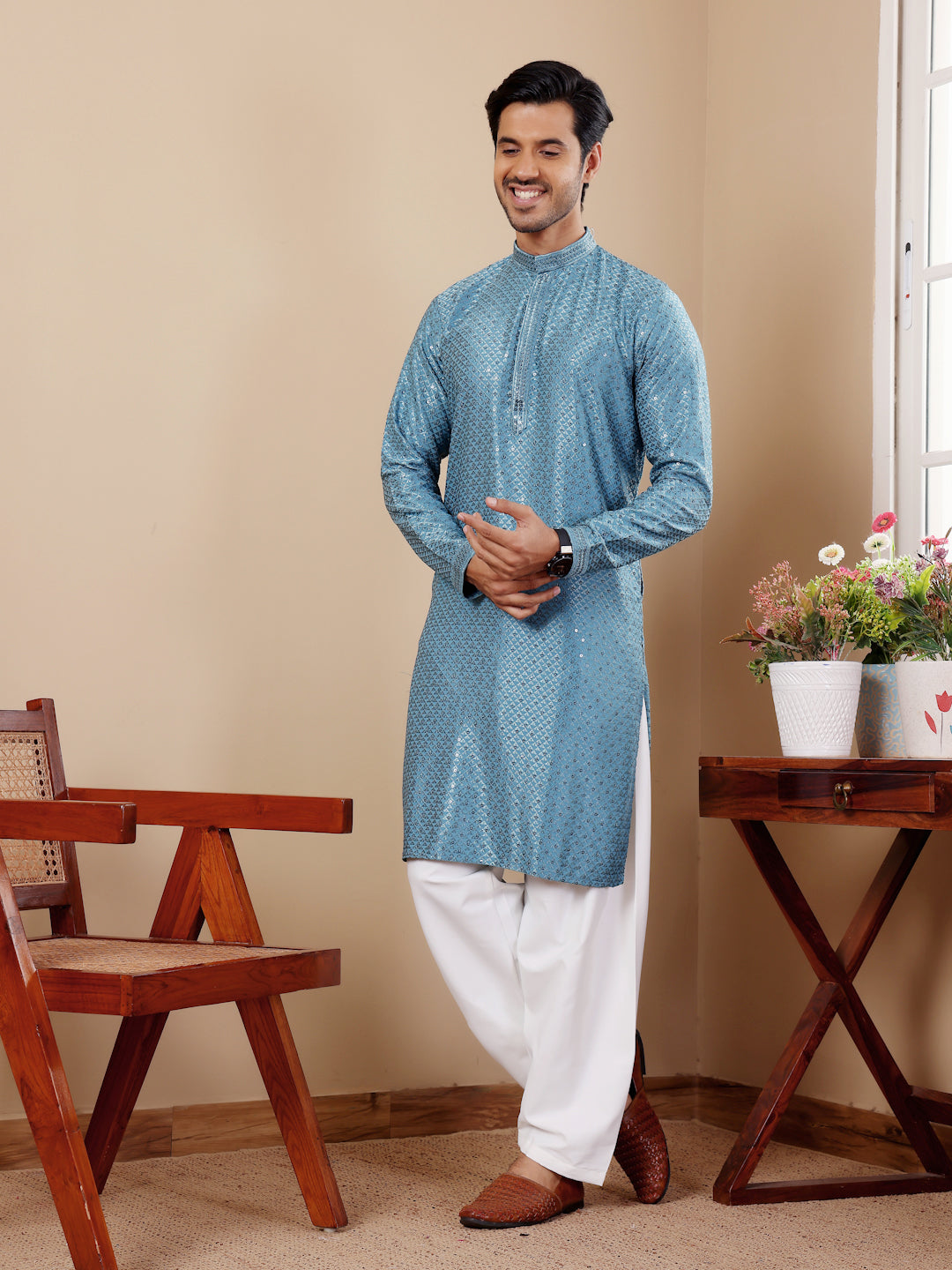 Designer Kurta Pajama | Viscose Fabric with Art Silk Bottom and Chikankari Embroidery