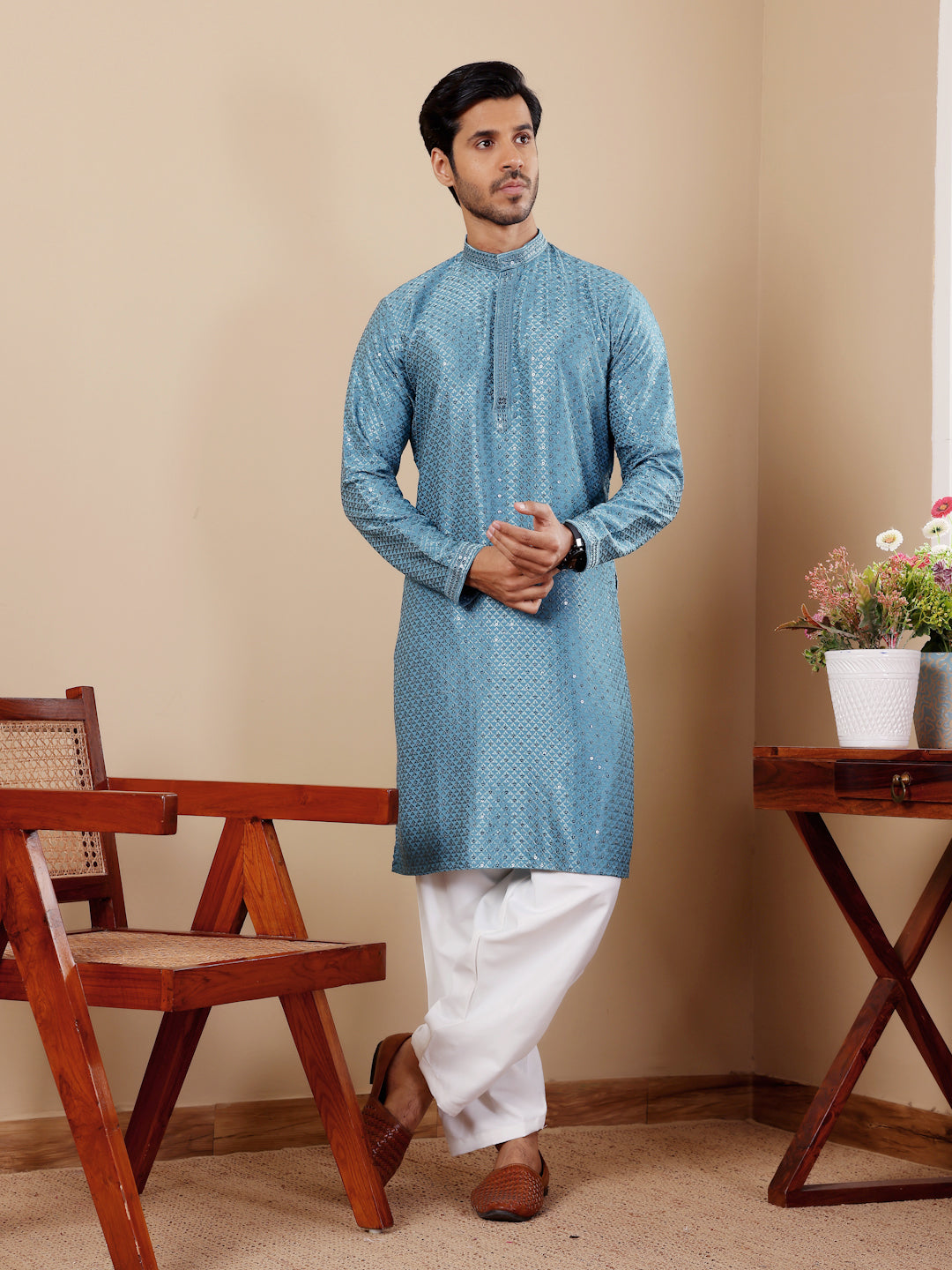 Designer Kurta Pajama | Viscose Fabric with Art Silk Bottom and Chikankari Embroidery