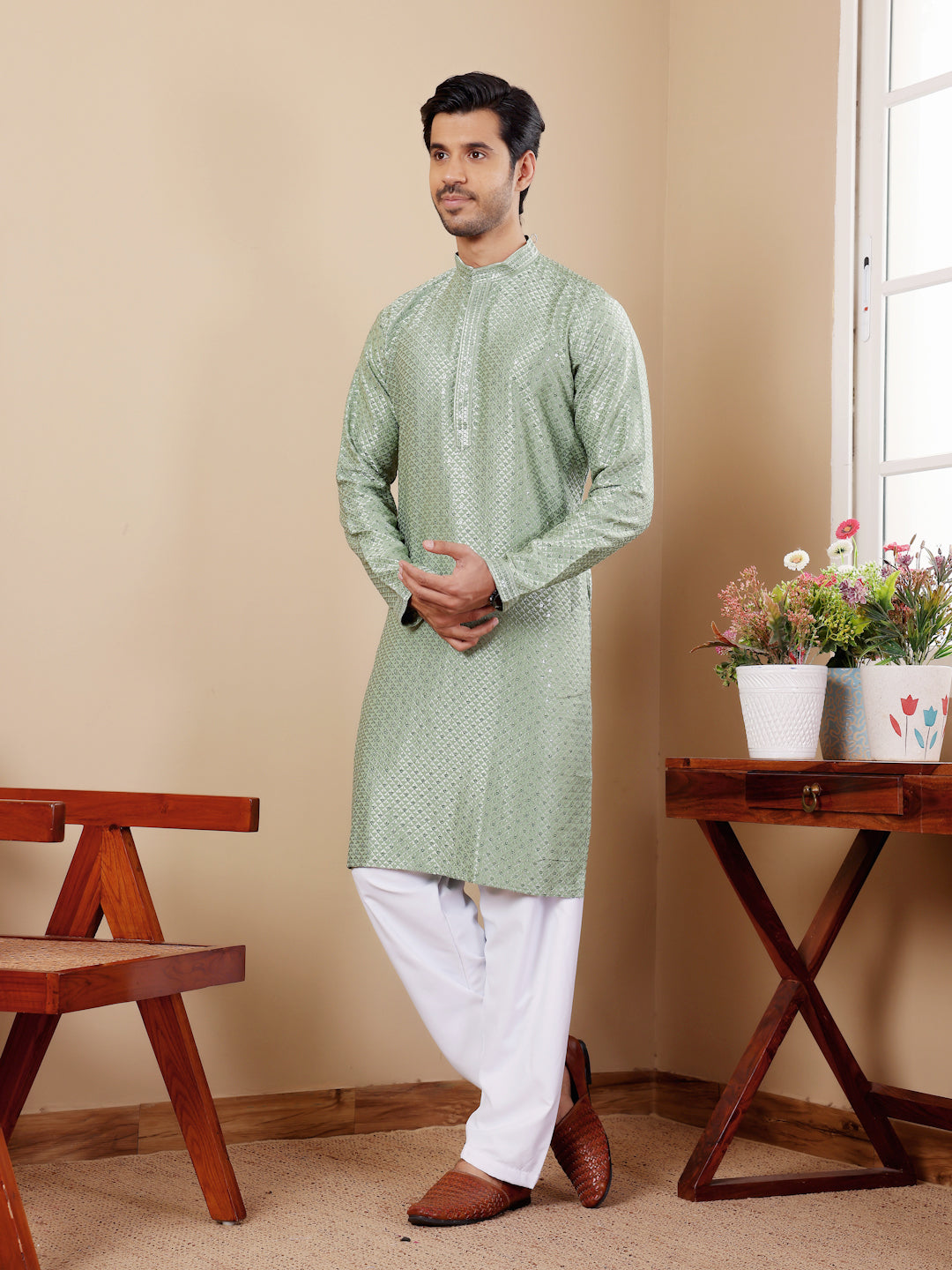 Designer Kurta Pajama | Viscose Fabric with Art Silk Bottom and Chikankari Embroidery