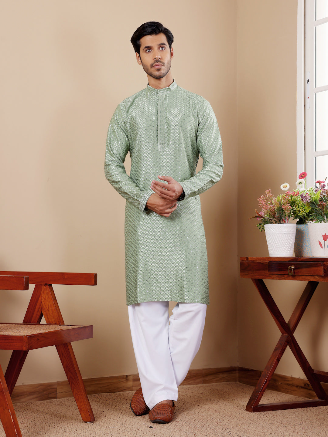 Designer Kurta Pajama | Viscose Fabric with Art Silk Bottom and Chikankari Embroidery