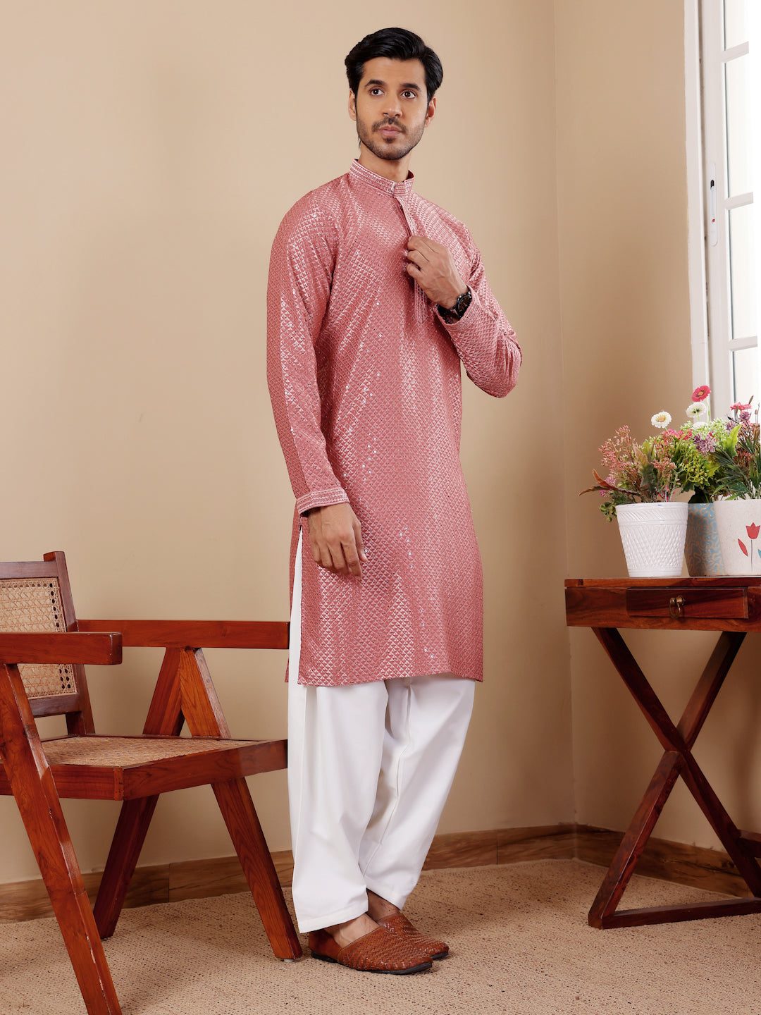 Designer Kurta Pajama | Viscose Fabric with Art Silk Bottom and Chikankari Embroidery