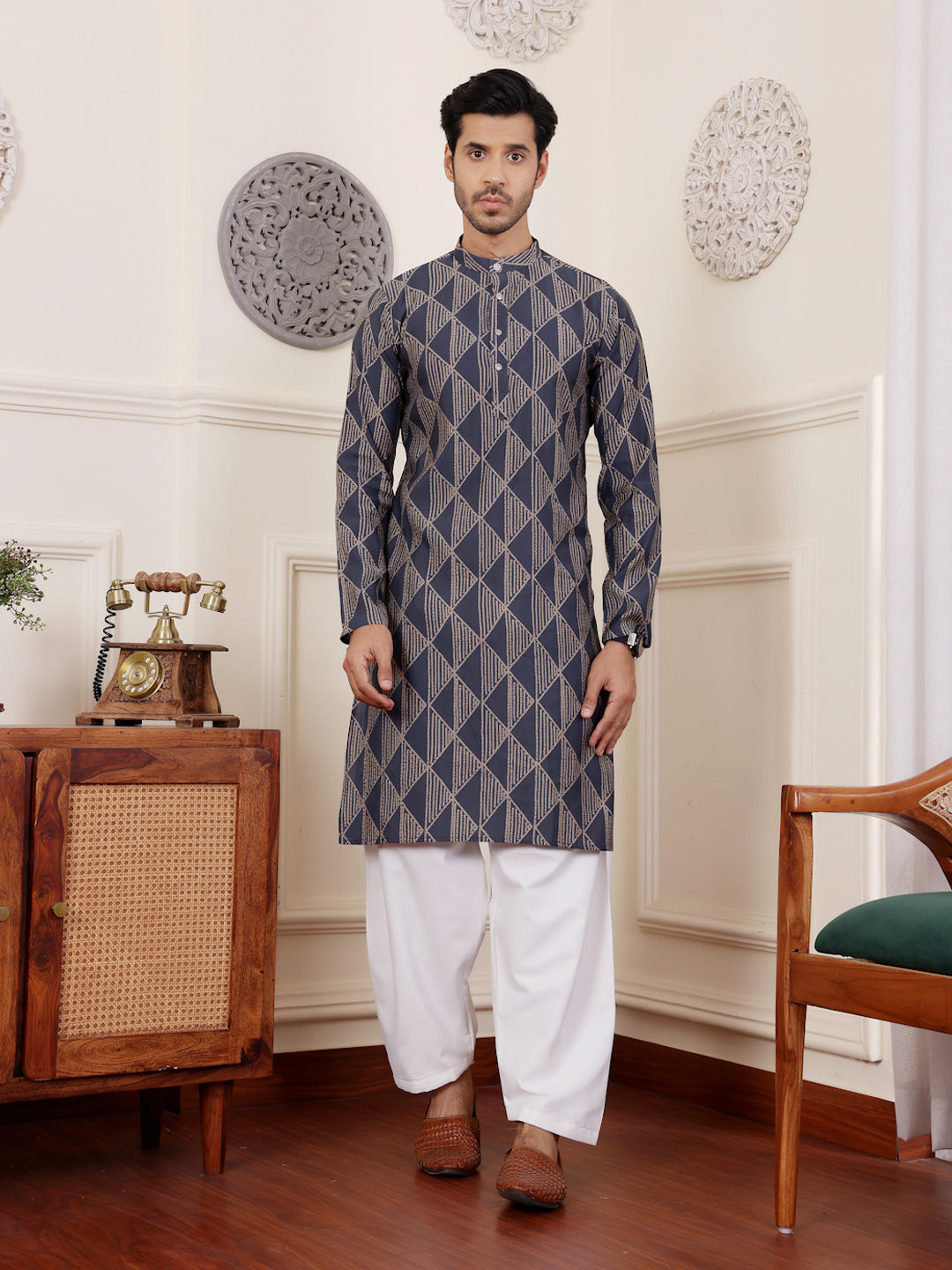 Navy Blue Designer Kurta Pajama | Modal Silk with Art Silk Bottom