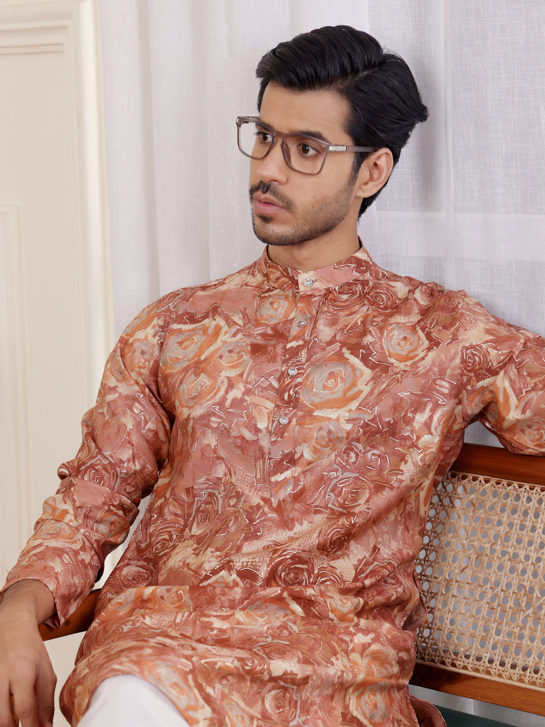 Elegant Brown Kurta Pajama | Modal Silk with Designer Prints