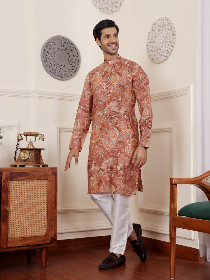 Elegant Brown Kurta Pajama | Modal Silk with Designer Prints