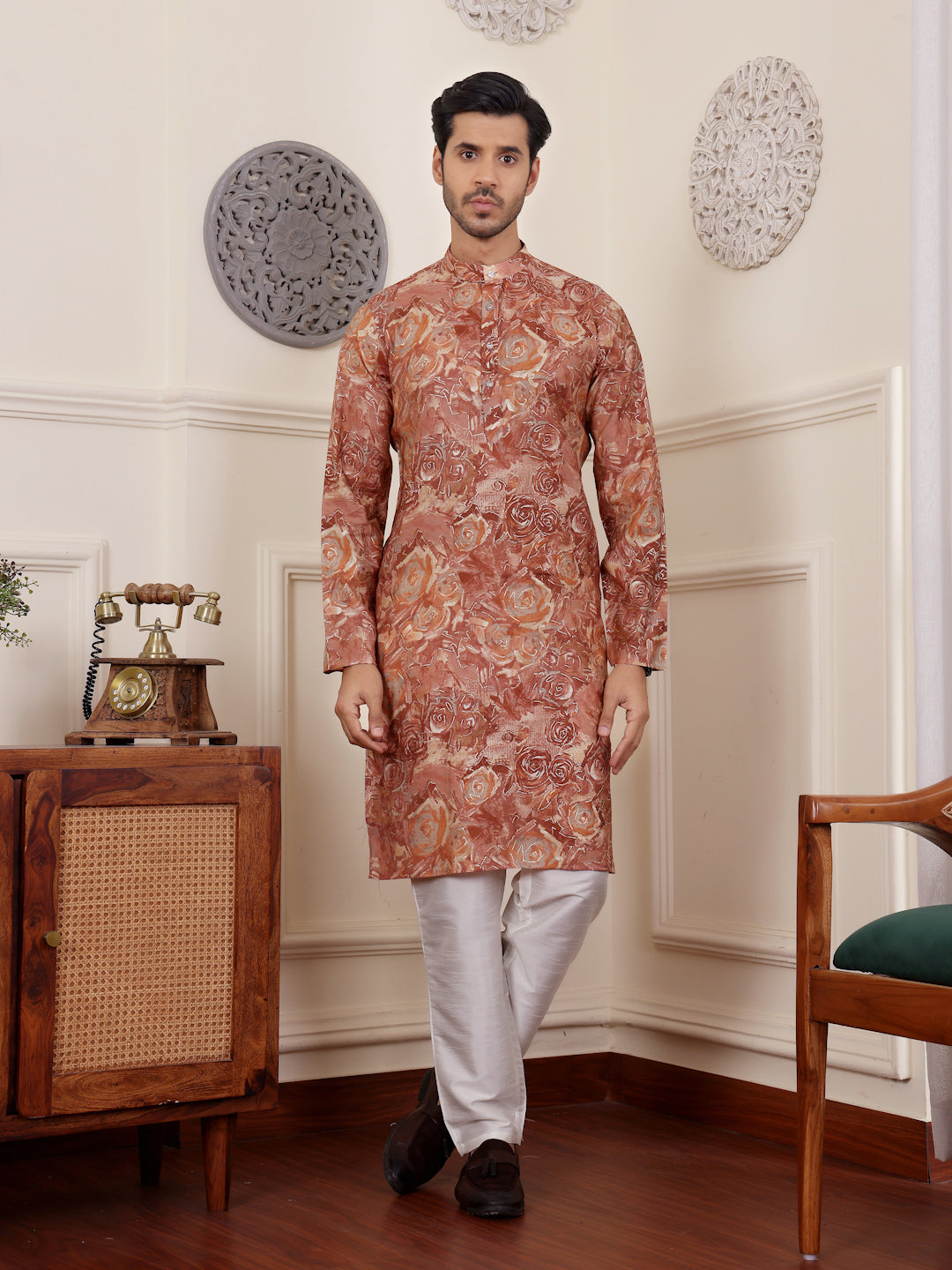 Elegant Brown Kurta Pajama | Modal Silk with Designer Prints