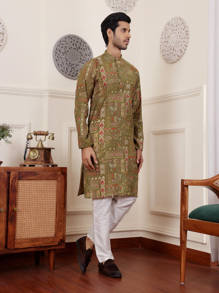 Green Modal Silk Kurta Pajama | Designer Print Festive Outfit