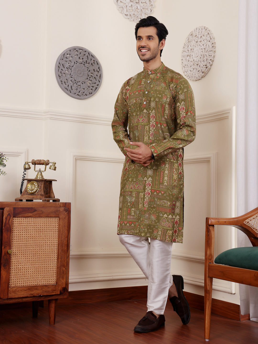 Green Modal Silk Kurta Pajama | Designer Print Festive Outfit