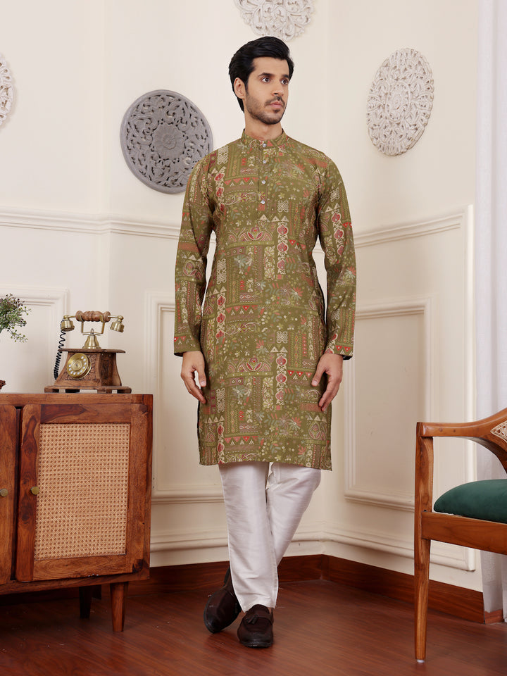 Green Modal Silk Kurta Pajama | Designer Print Festive Outfit