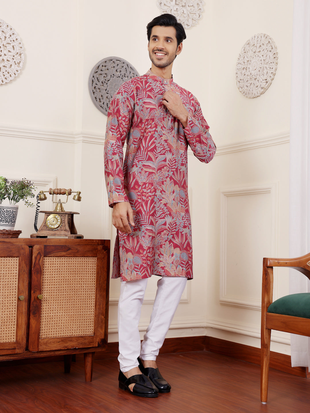 Stylish Pink Kurta Set for Men | Modal Silk with Designer Prints