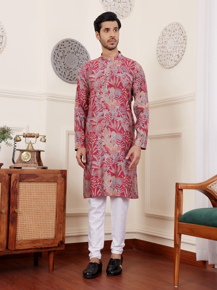 Stylish Pink Kurta Set for Men | Modal Silk with Designer Prints