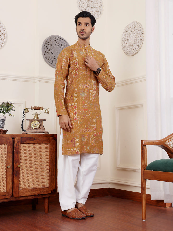 Brownish Yellow Kurta Pajama | Modal Silk with Art Silk Bottom for Men