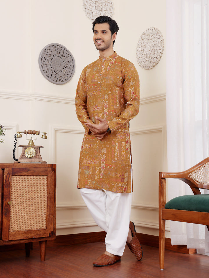 Brownish Yellow Kurta Pajama | Modal Silk with Art Silk Bottom for Men