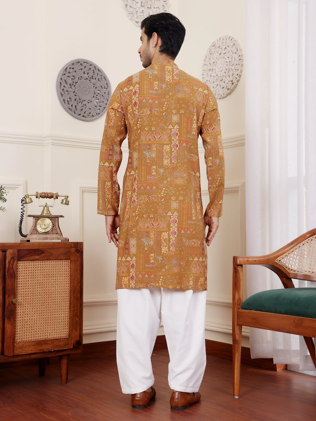 Brownish Yellow Kurta Pajama | Modal Silk with Art Silk Bottom for Men