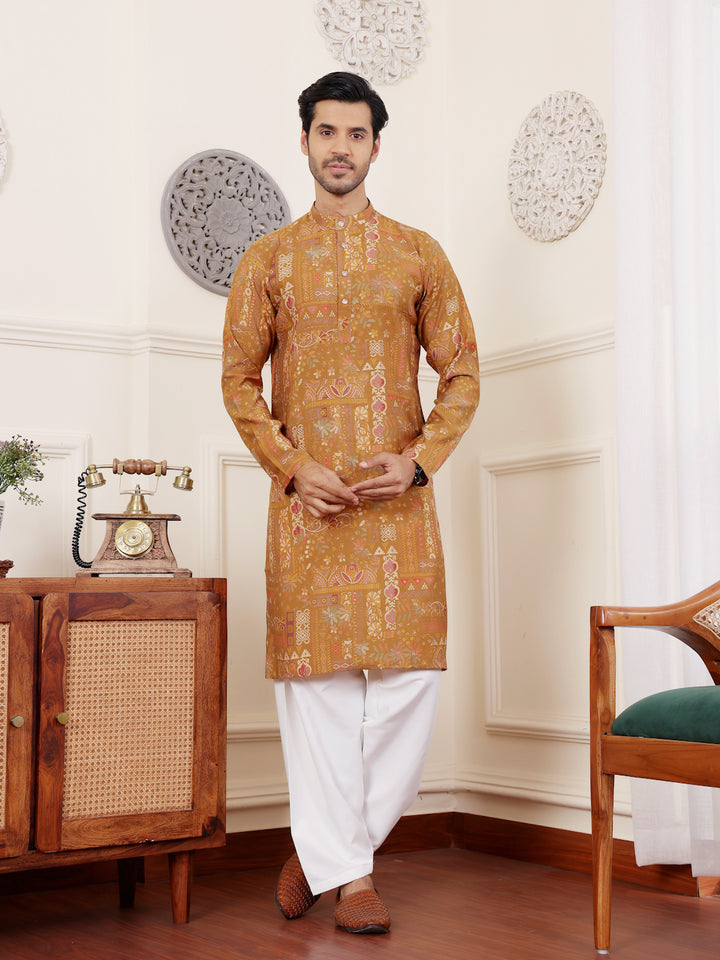 Brownish Yellow Kurta Pajama | Modal Silk with Art Silk Bottom for Men