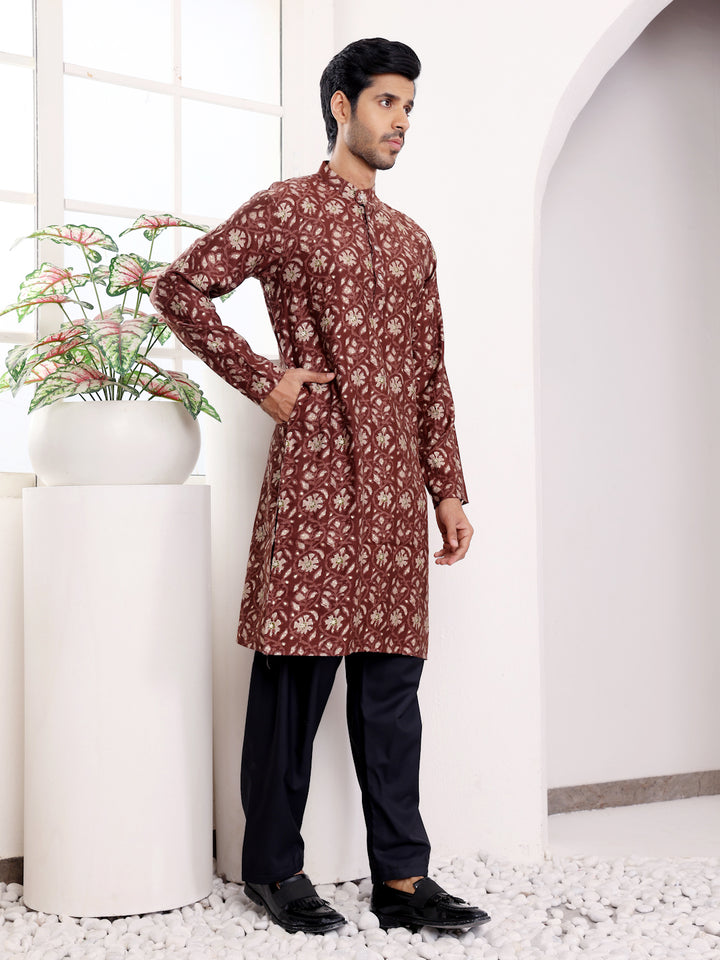 Elegant Maroon Kurta for Men | Designer Printed Modal Silk Festive Wear