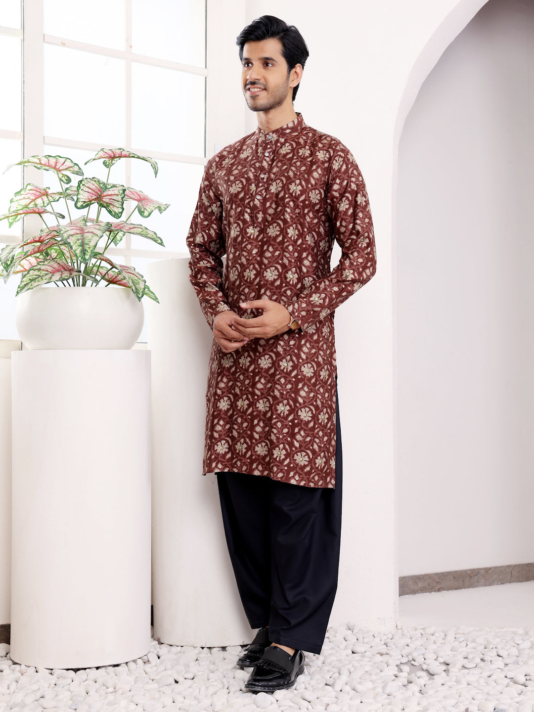 Elegant Maroon Kurta for Men | Designer Printed Modal Silk Festive Wear