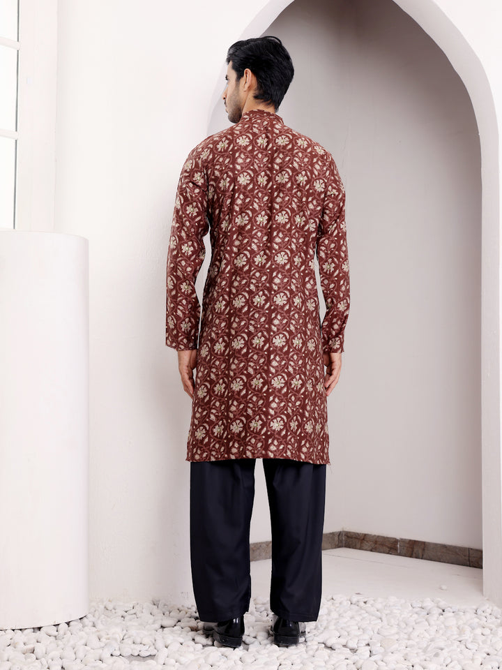 Elegant Maroon Kurta for Men | Designer Printed Modal Silk Festive Wear