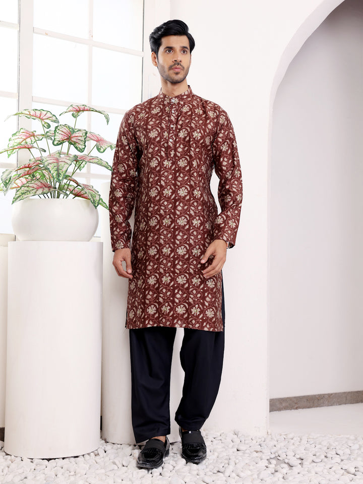 Elegant Maroon Kurta for Men | Designer Printed Modal Silk Festive Wear