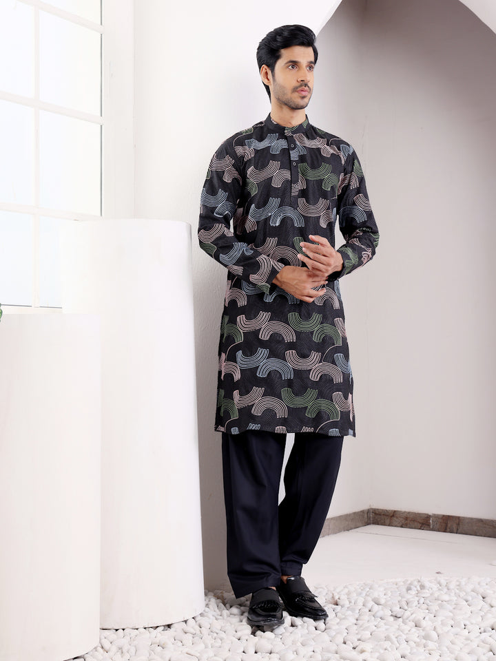 Festive Linen Kurta Set | Embroidered Linen Kurta with Art Silk Pajama