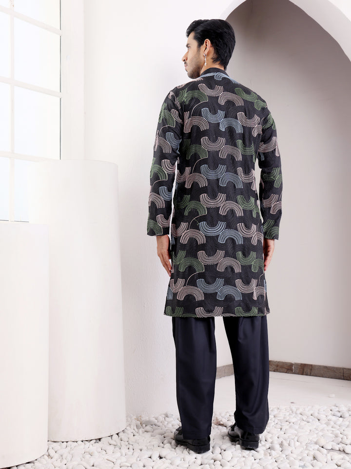 Festive Linen Kurta Set | Embroidered Linen Kurta with Art Silk Pajama