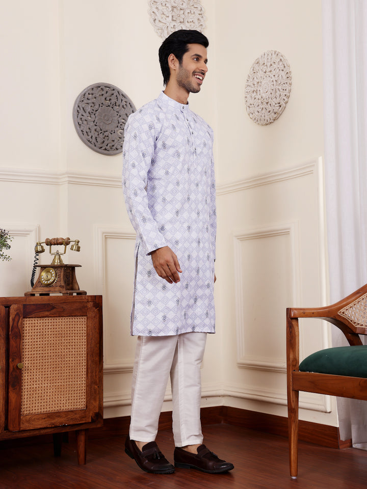 Festive Light Purple Kurta Set | Linen Top & Art Silk Bottom for Men