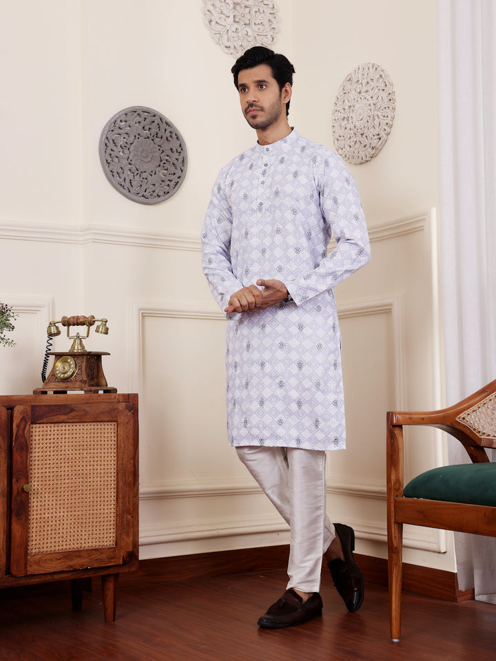 Festive Light Purple Kurta Set | Linen Top & Art Silk Bottom for Men