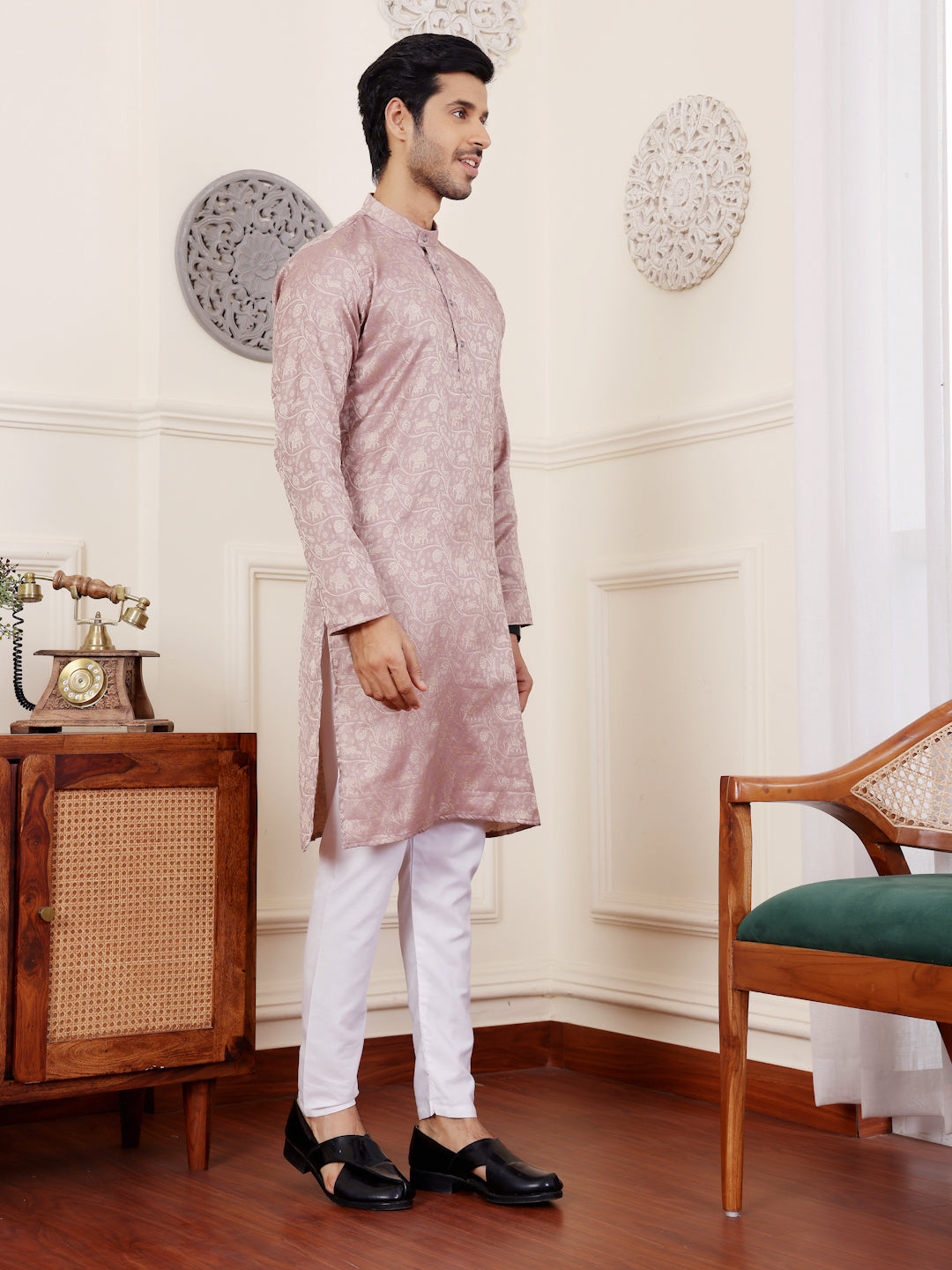 Elegant Mauve Modal Silk Kurta | Art Silk Pajama with Wevon Designer Work