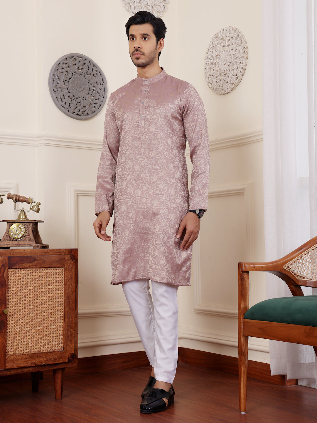 Elegant Mauve Modal Silk Kurta | Art Silk Pajama with Wevon Designer Work