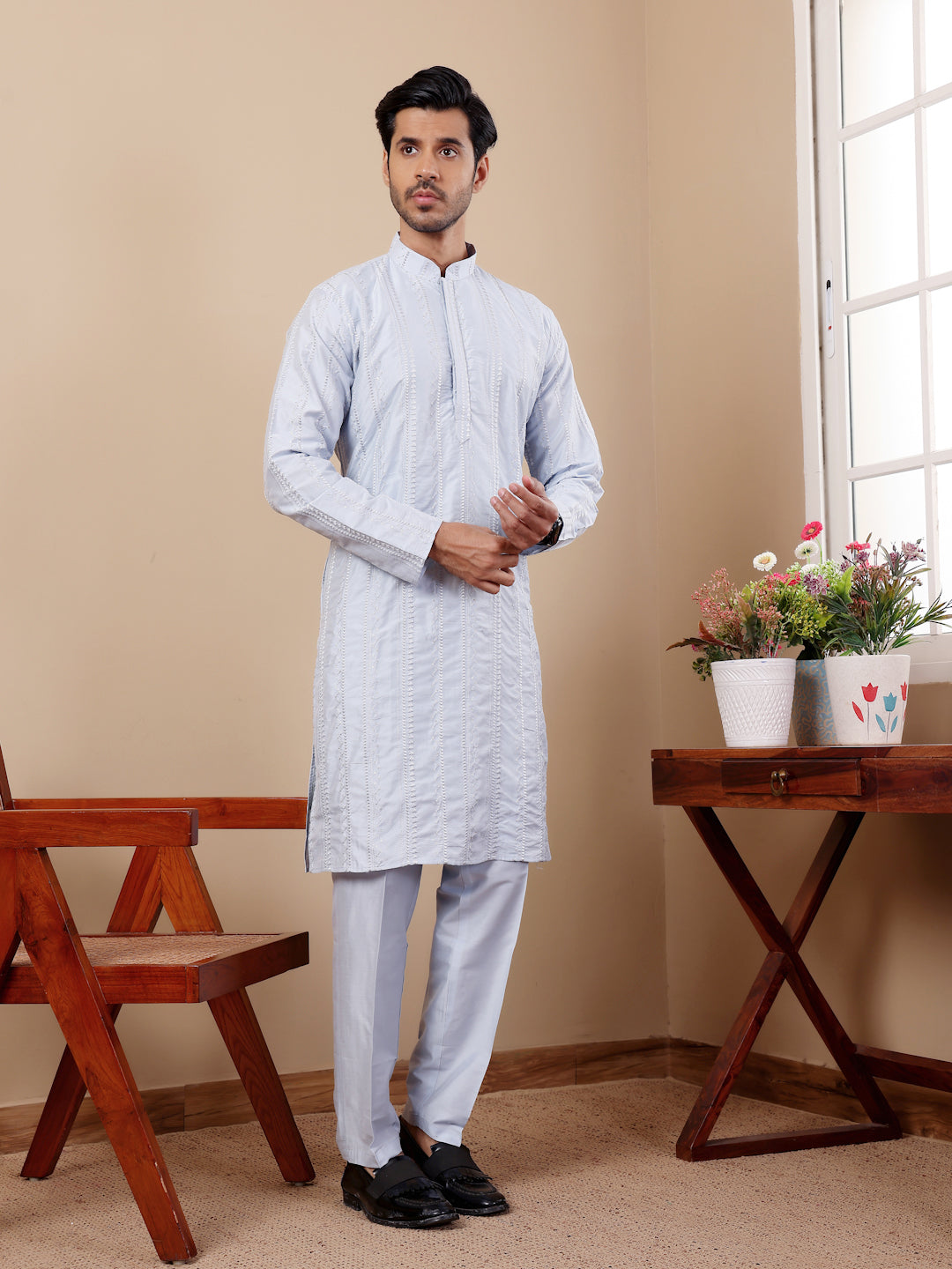 Designer Festive Kurta Set | Silk Top & Art Silk Bottom for Men