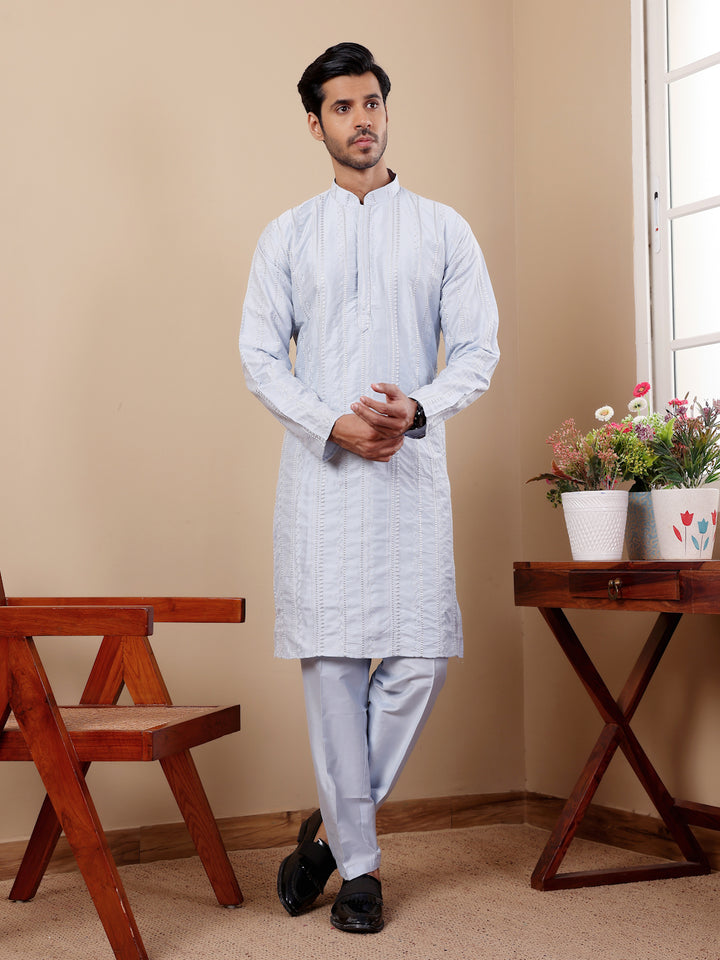 Designer Festive Kurta Set | Silk Top & Art Silk Bottom for Men