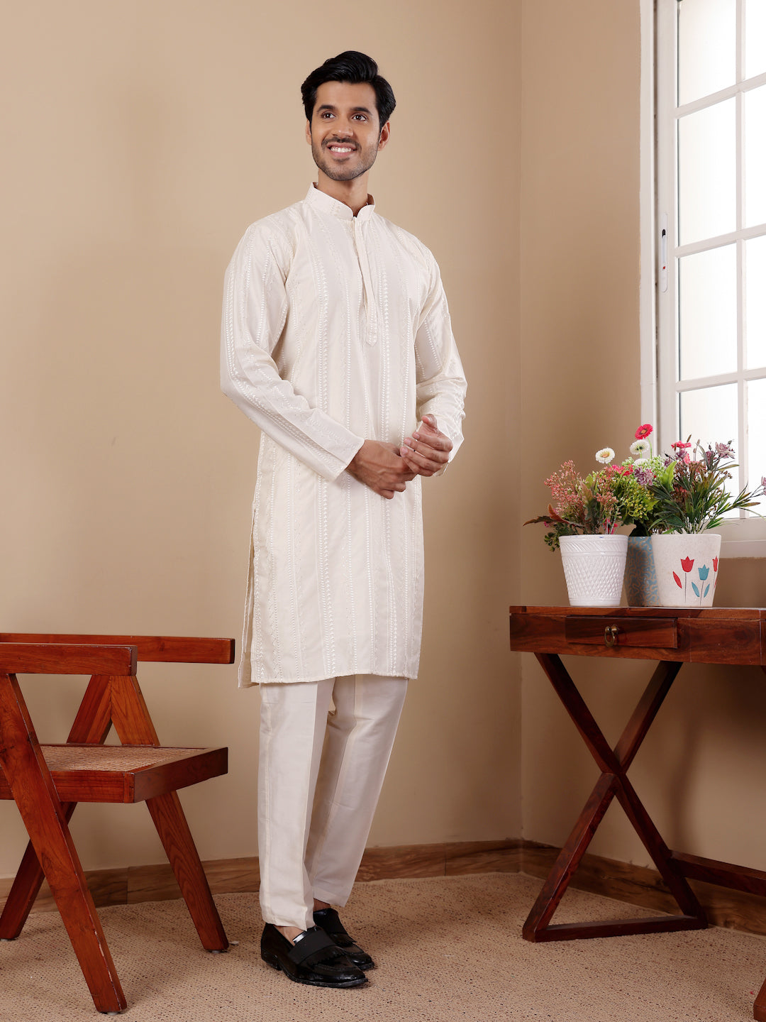 Designer Festive Kurta Set | Silk Top & Art Silk Bottom for Men