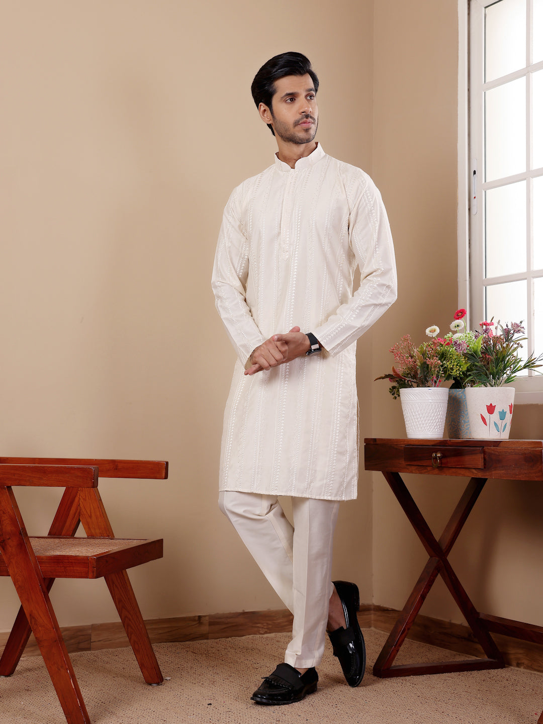 Designer Festive Kurta Set | Silk Top & Art Silk Bottom for Men