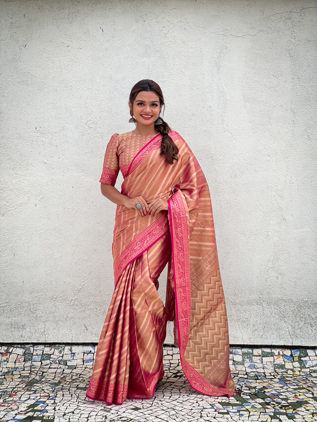 Designer Laheriya-Printed Jari-Tissue Saree for Special Events | Wedding & Festive Perfect