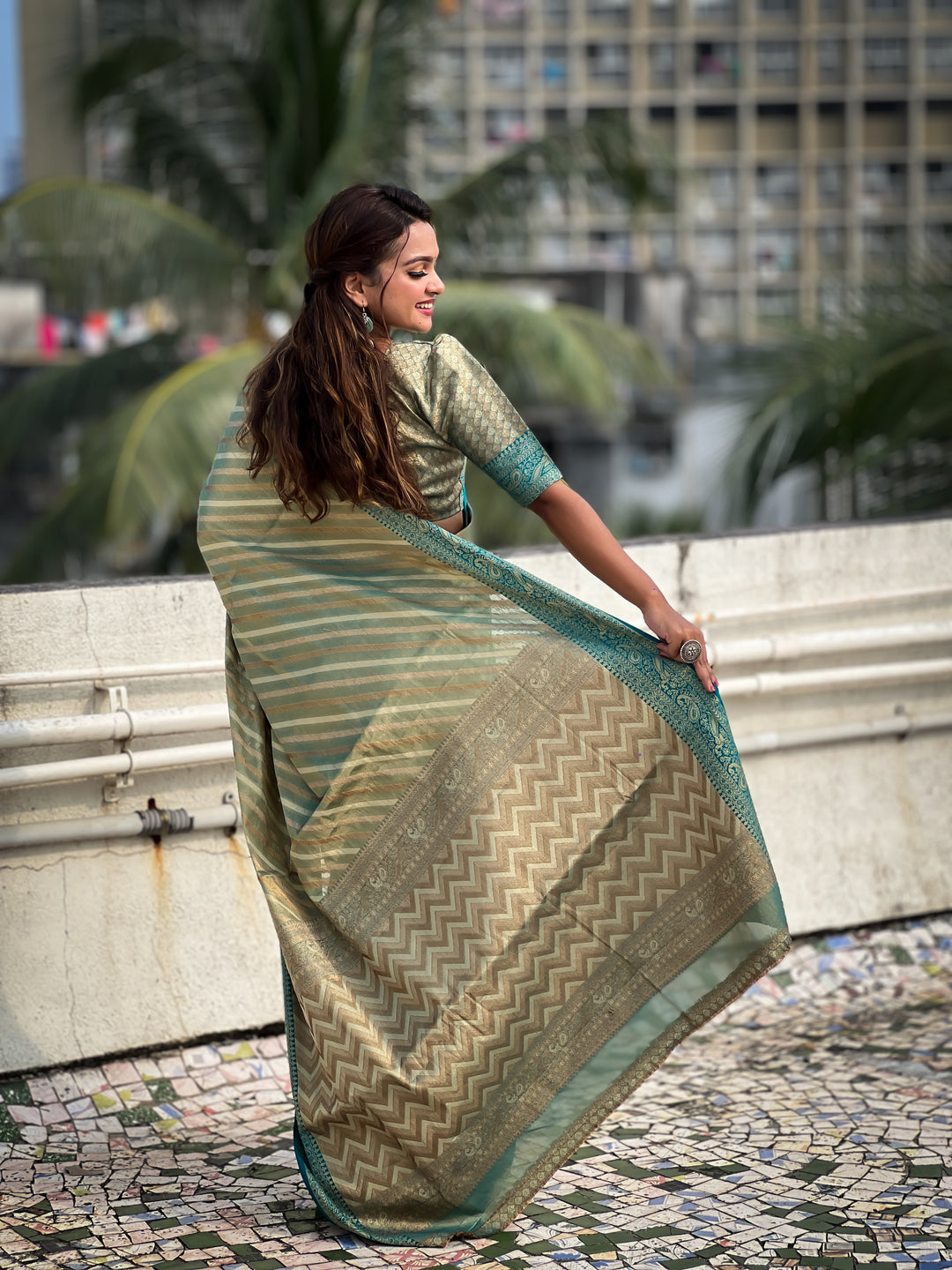 Designer Laheriya-Printed Jari-Tissue Saree for Special Events | Wedding & Festive Perfect