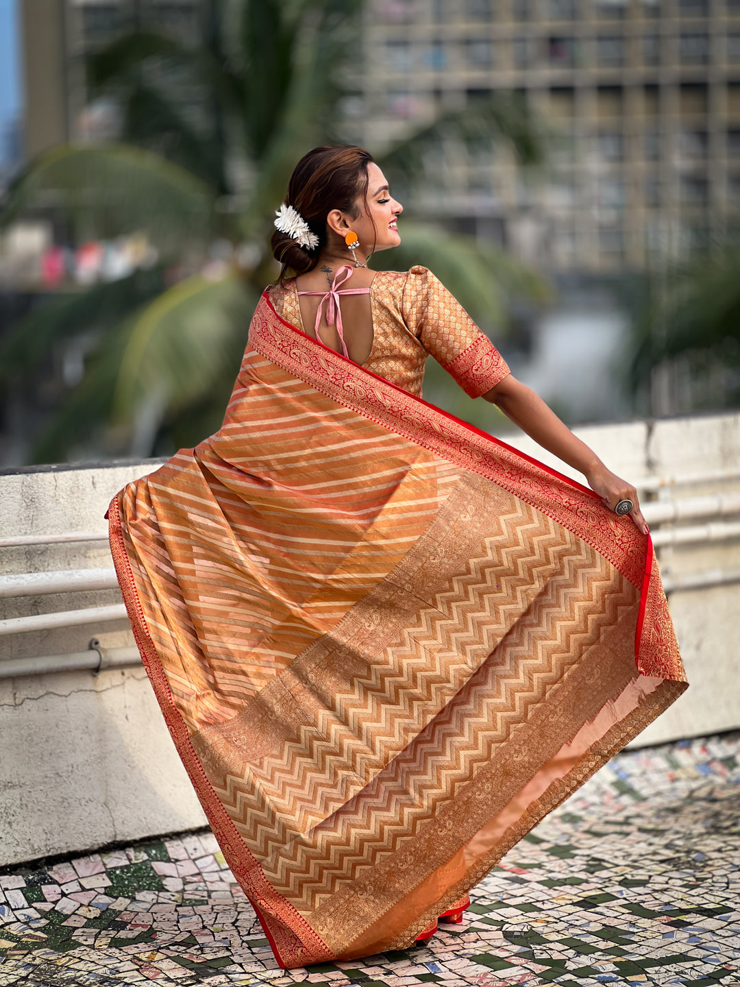 Designer Laheriya-Printed Jari-Tissue Saree for Special Events | Wedding & Festive Perfect